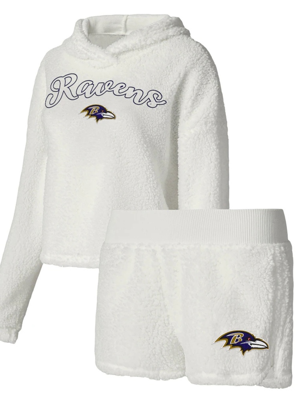 NFL Apparel Baltimore Ravens Fluffy White Pullover Sweatshirt Shorts Sleep Set